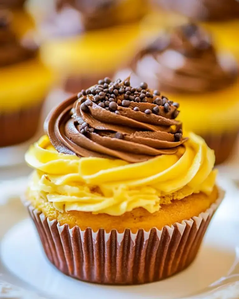 Homemade Classic Yellow Cupcakes with Chocolate Buttercream Frosting photo
