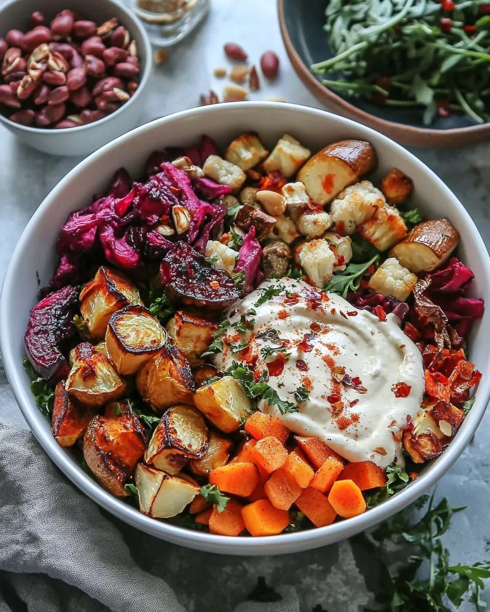 Healthy Roasted Winter Vegetable Bowls with Nutmeg Tahini shot