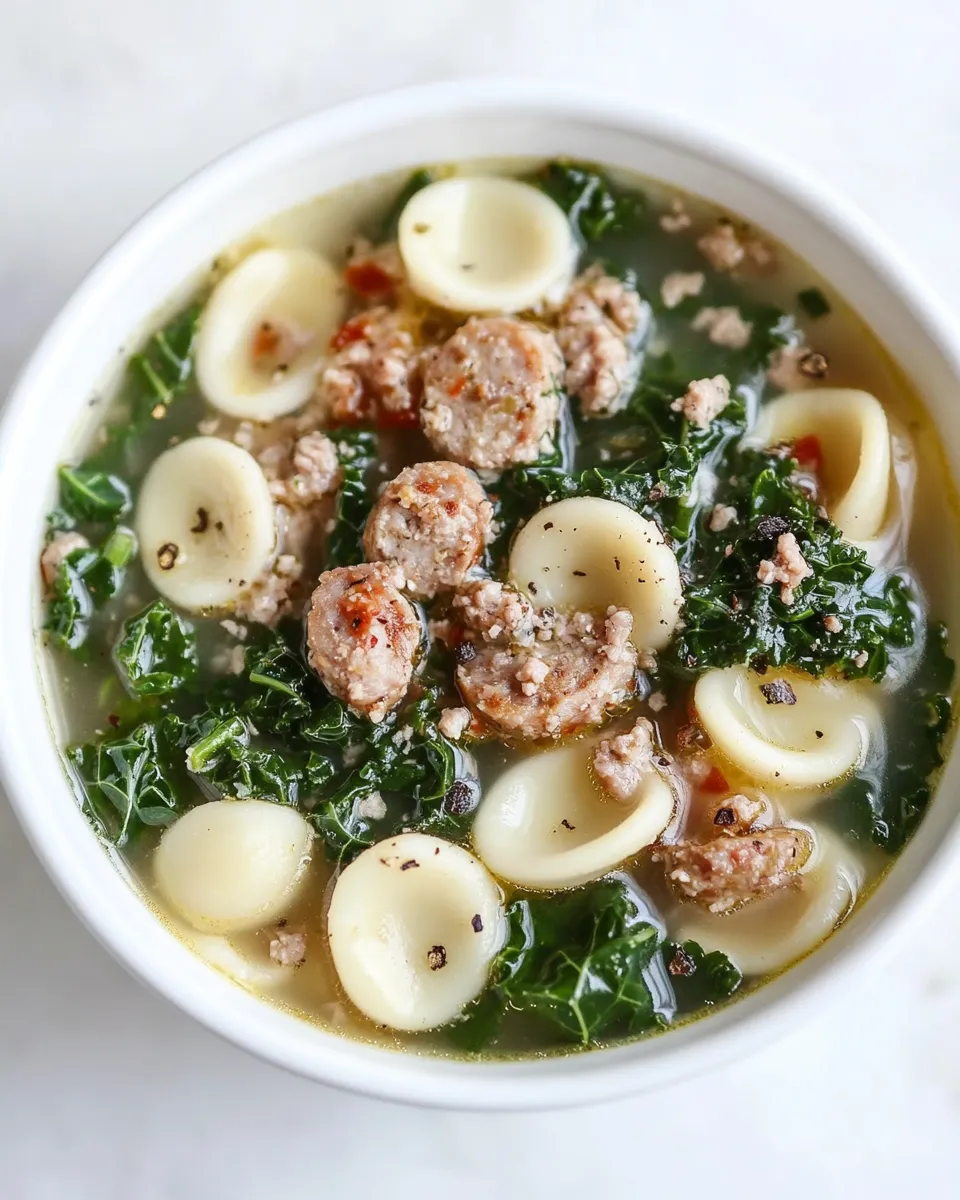 Savory Spicy Sausage, Kale and Whole Wheat Orecchiette Soup. photo