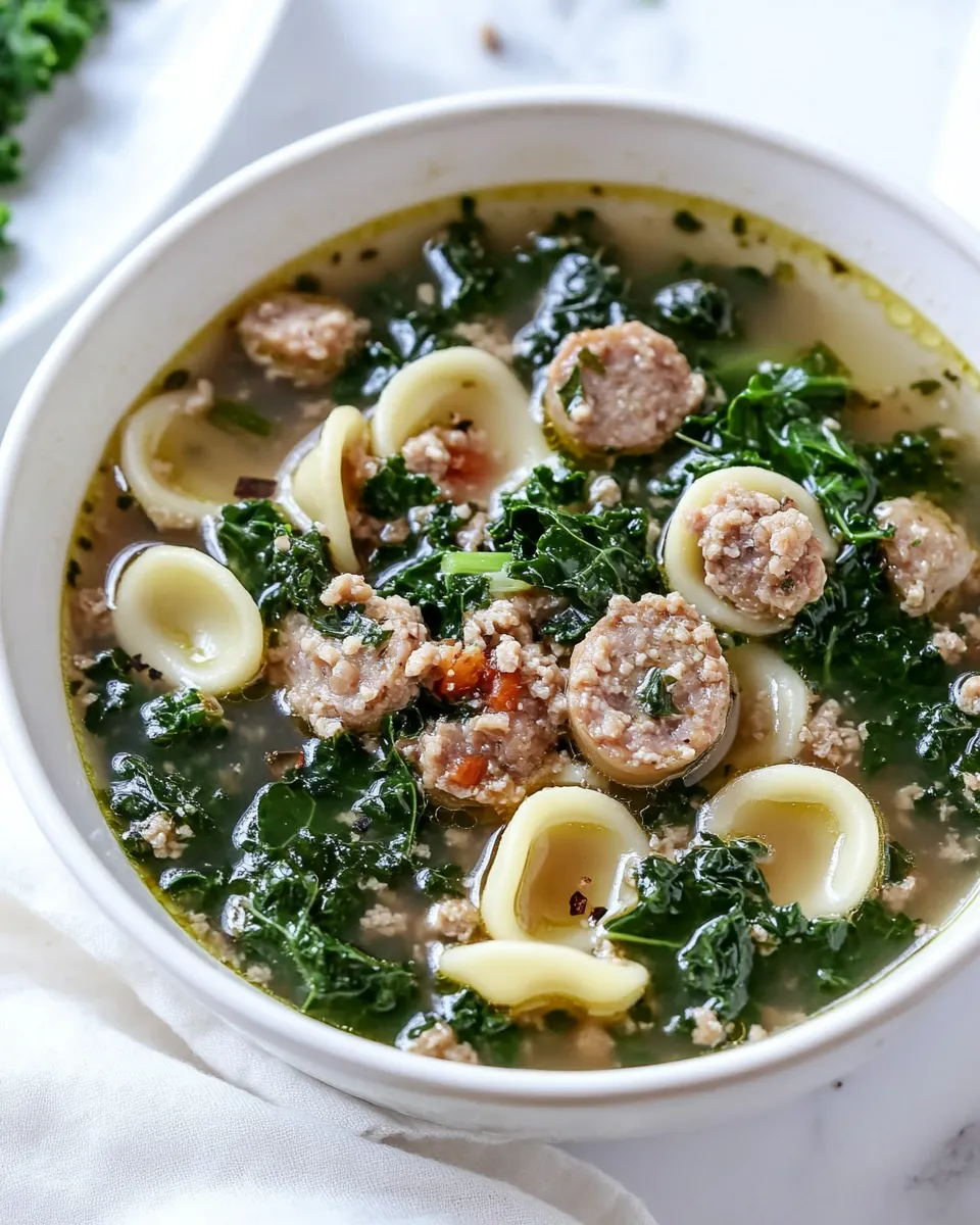 Sweet Spicy Sausage, Kale and Whole Wheat Orecchiette Soup. photo