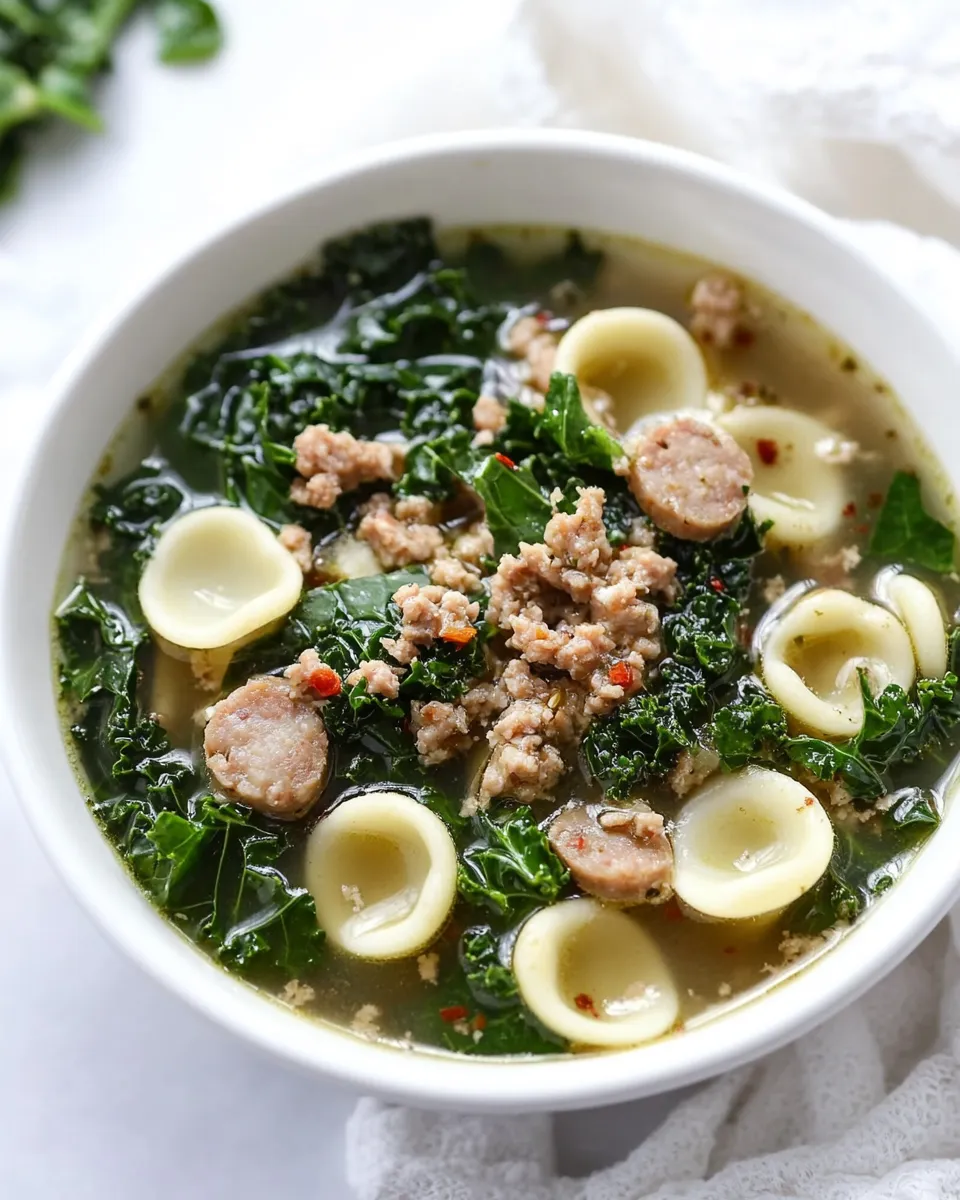 Healthy Spicy Sausage, Kale and Whole Wheat Orecchiette Soup. food shot