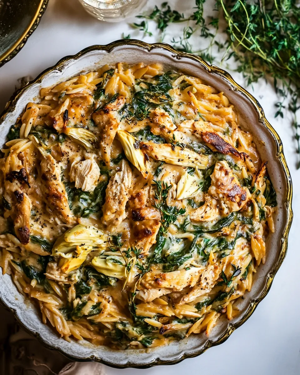 Delicious 25 Minute Spinach and Artichoke Chicken Orzo. photo