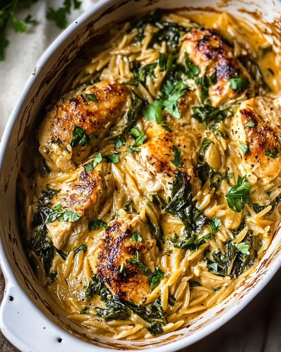 Amazing 25 Minute Spinach and Artichoke Chicken Orzo. dish image