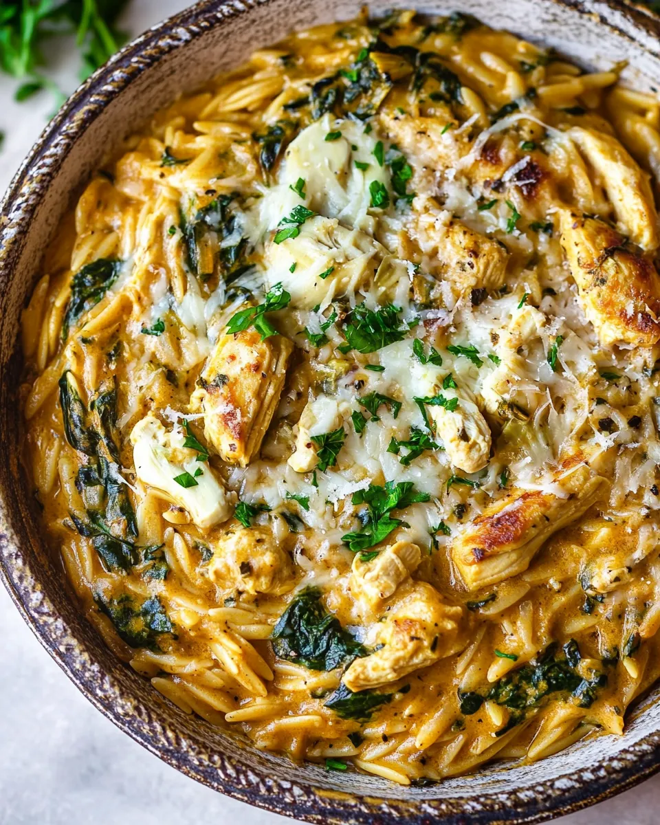 Tasty 25 Minute Spinach and Artichoke Chicken Orzo. recipe image