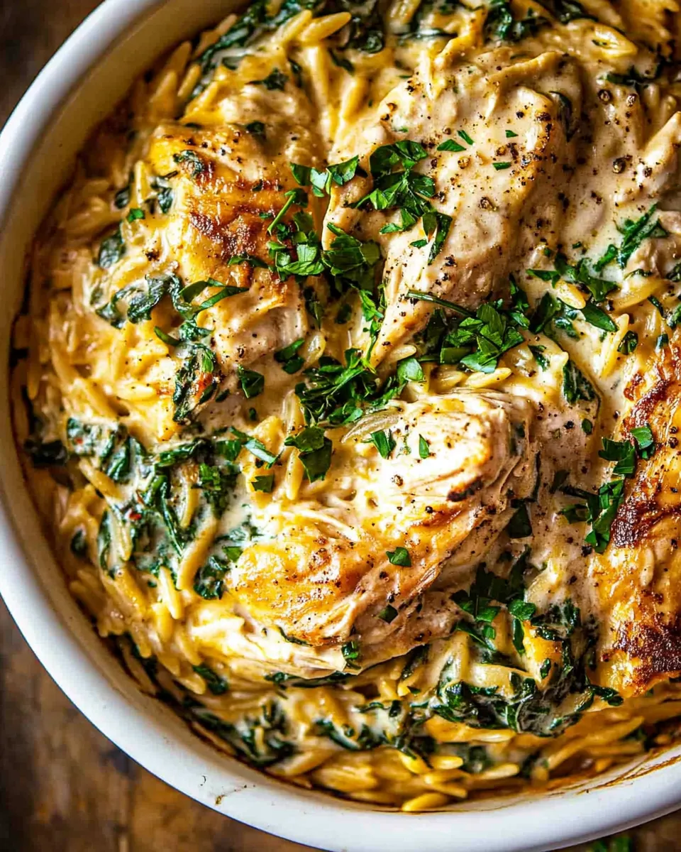 Easy 25 Minute Spinach and Artichoke Chicken Orzo. recipe image