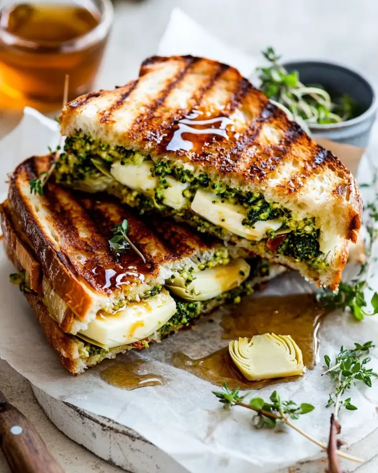 Classic Artichoke and Broccoli Pesto Brie Panini with Thyme Honey. food shot