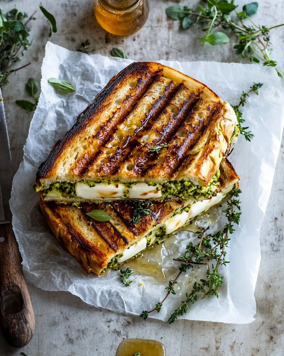 Homemade Artichoke and Broccoli Pesto Brie Panini with Thyme Honey. image