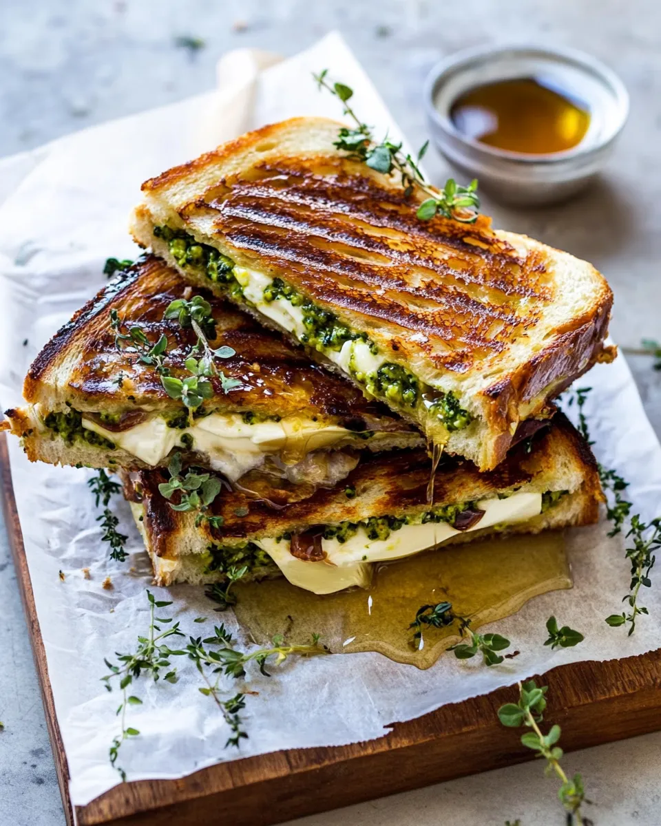 Simple Artichoke and Broccoli Pesto Brie Panini with Thyme Honey. food shot