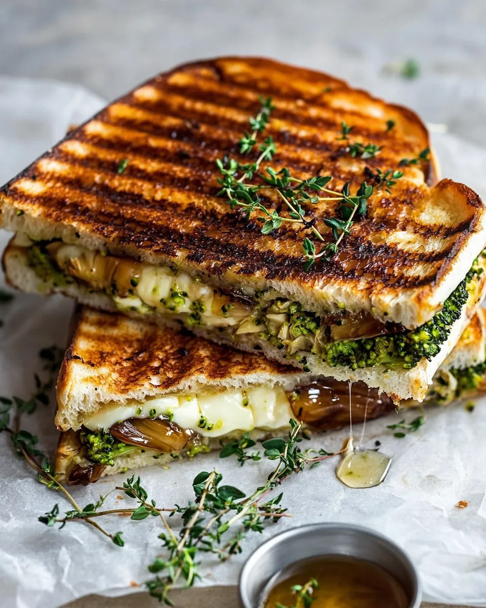 Delicious Artichoke and Broccoli Pesto Brie Panini with Thyme Honey. food shot