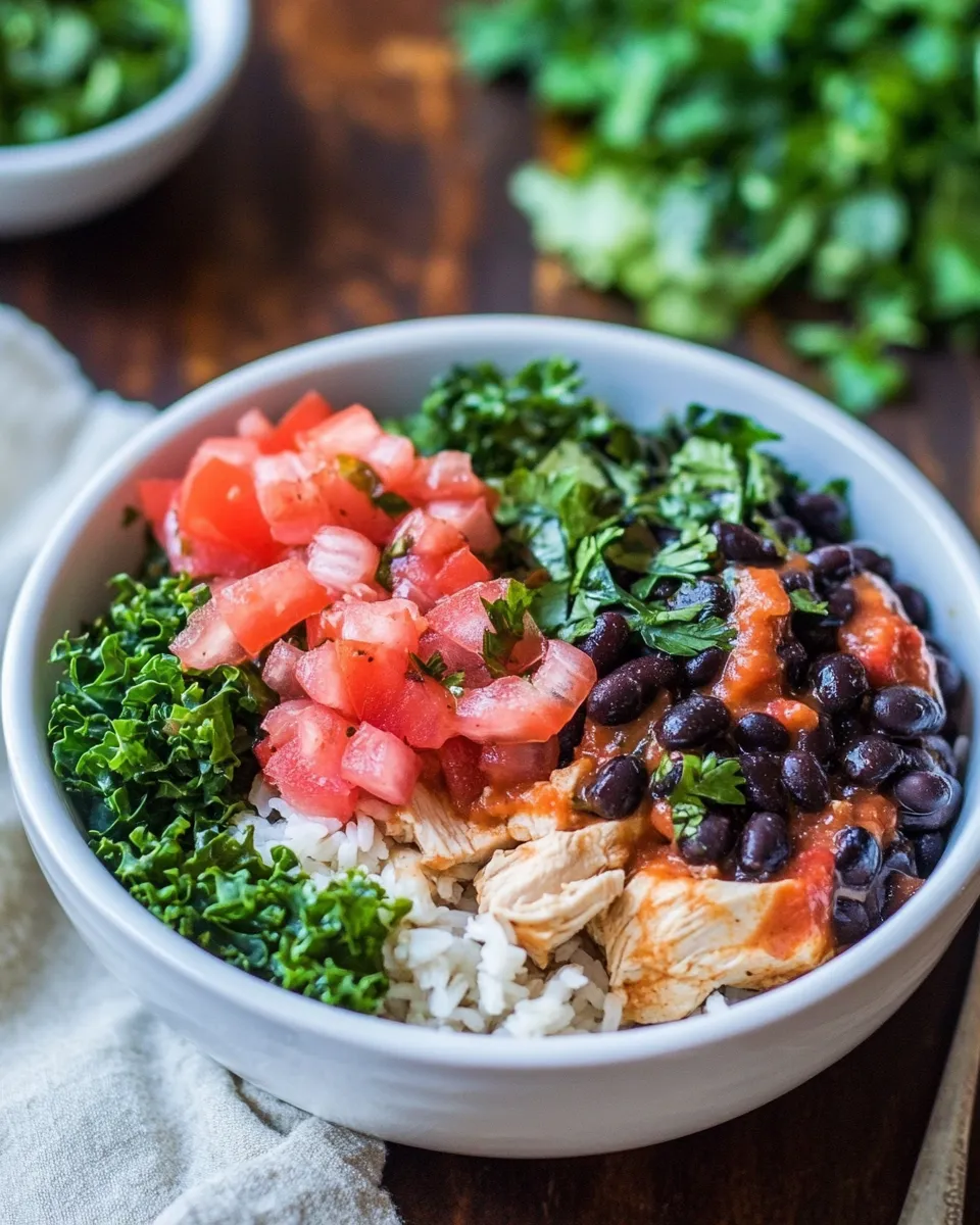 Healthy Chicken Burrito Bowls with Black Beans and Kale shot