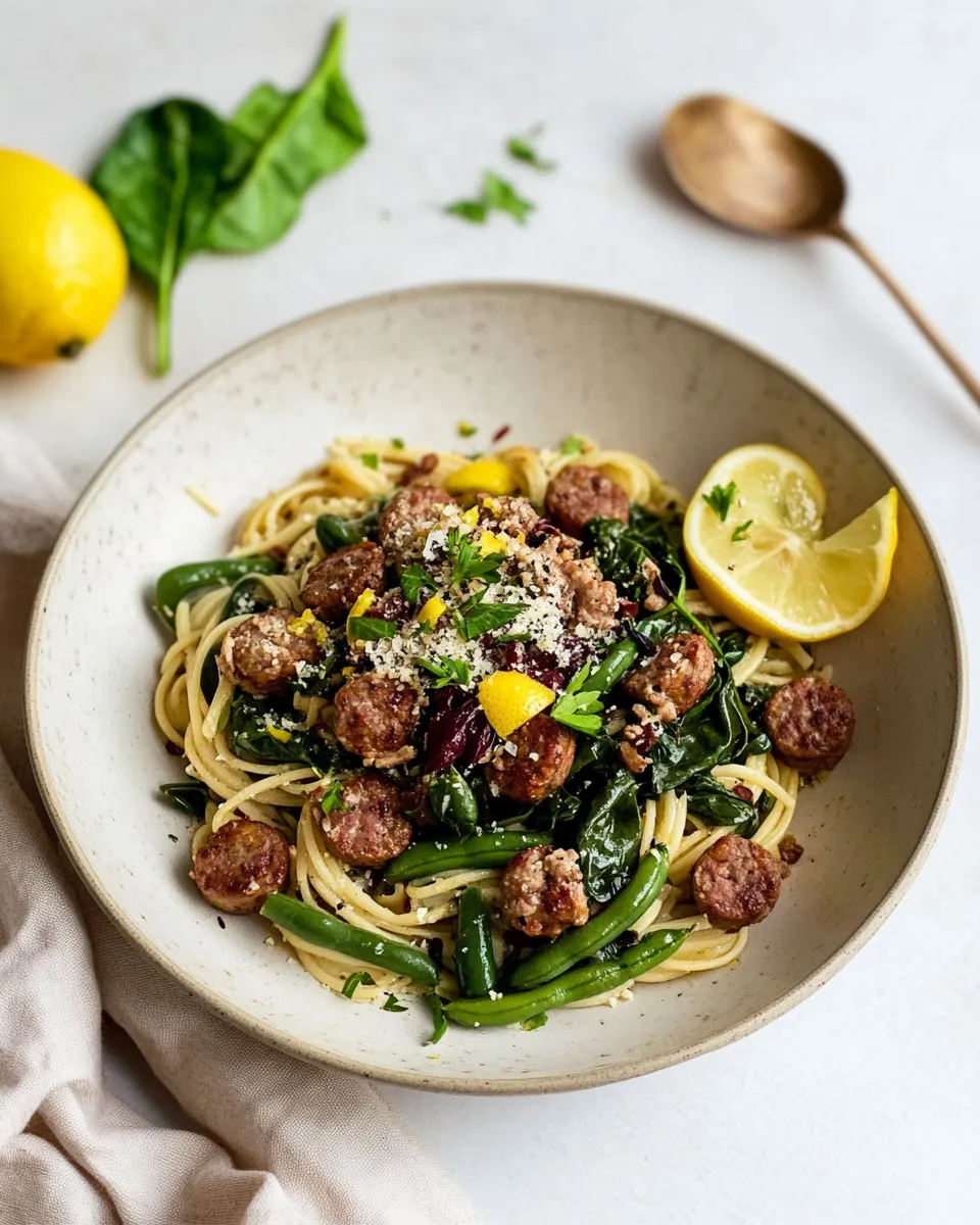 Homemade Chicken Sausage Pasta with Spinach, Lemon, and Green Beans photo