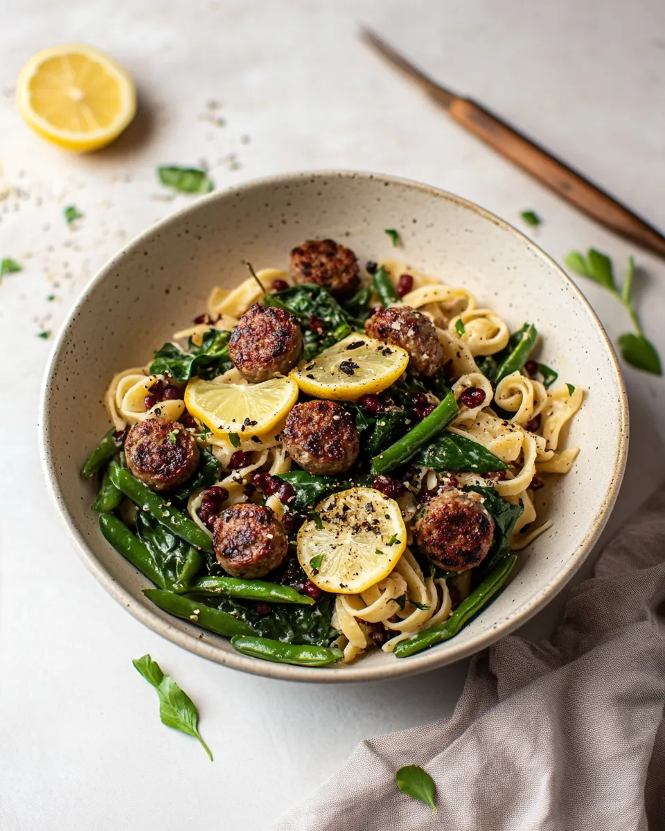 Easy Chicken Sausage Pasta with Spinach, Lemon, and Green Beans dish photo