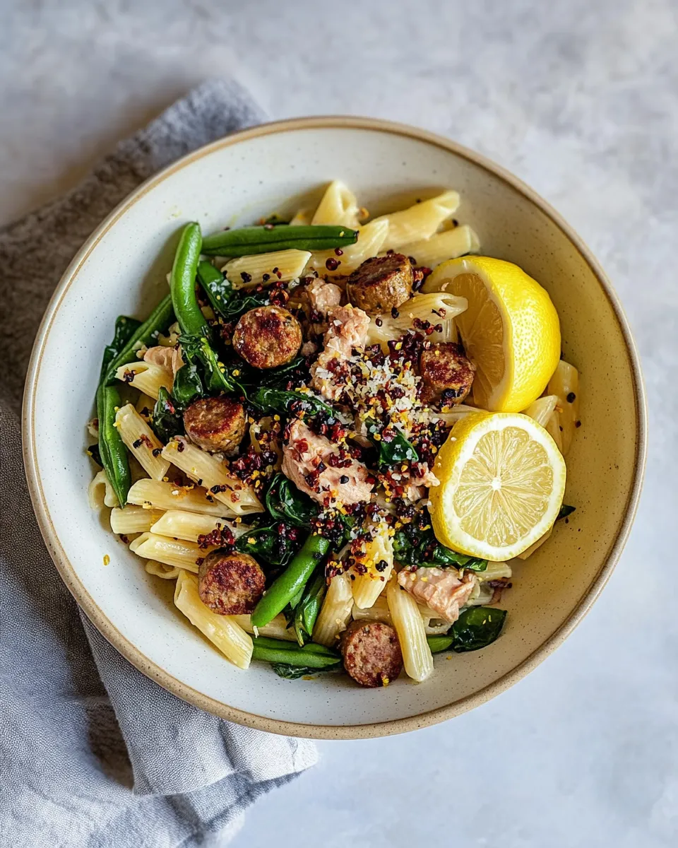 Delicious Chicken Sausage Pasta with Spinach, Lemon, and Green Beans shot