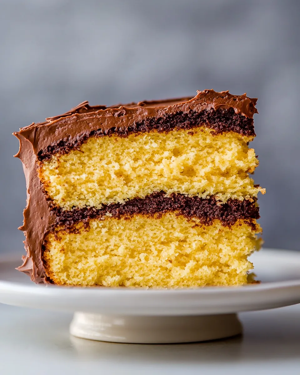 Delicious Classic Yellow Cake with Creamy Chocolate Frosting shot
