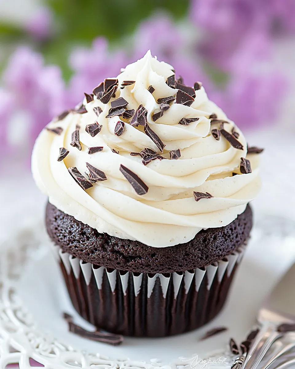 Easy Dark Chocolate Cupcakes with White Chocolate Frosting shot