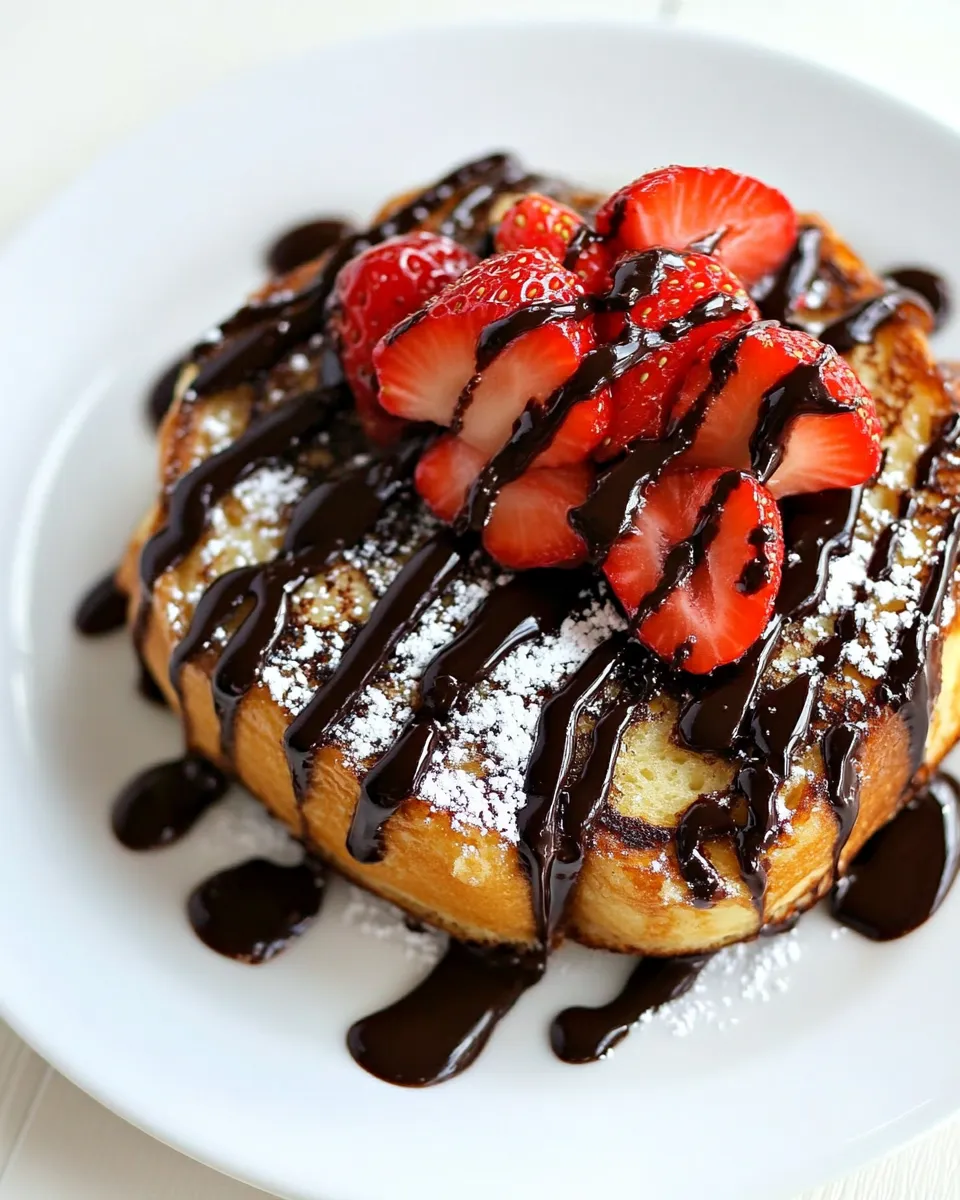 Delicious French Toast with Chocolate Sauce and Strawberries shot