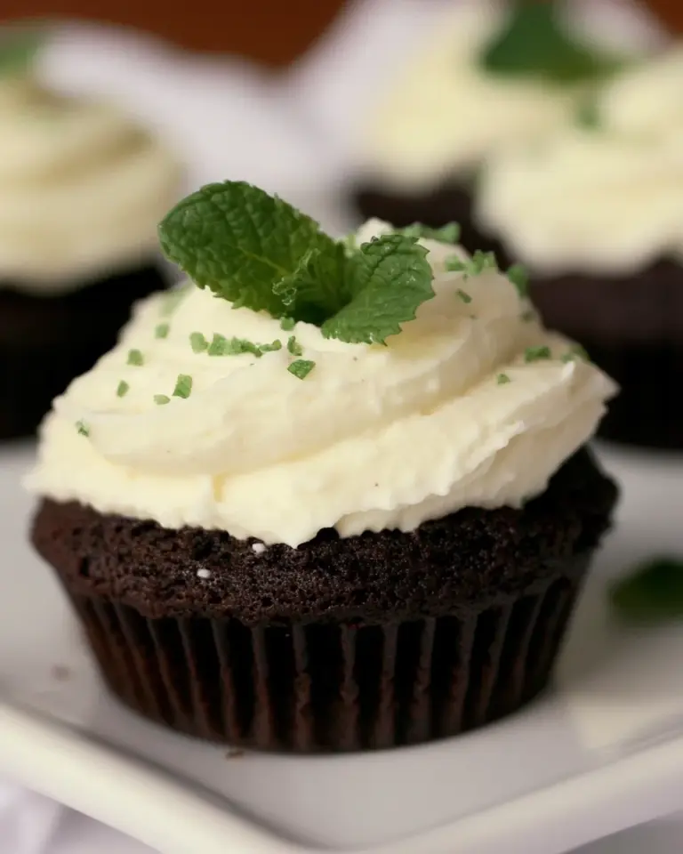 Homemade Fudgy Brownie Cupcakes with fresh whipped cream mint topping photo
