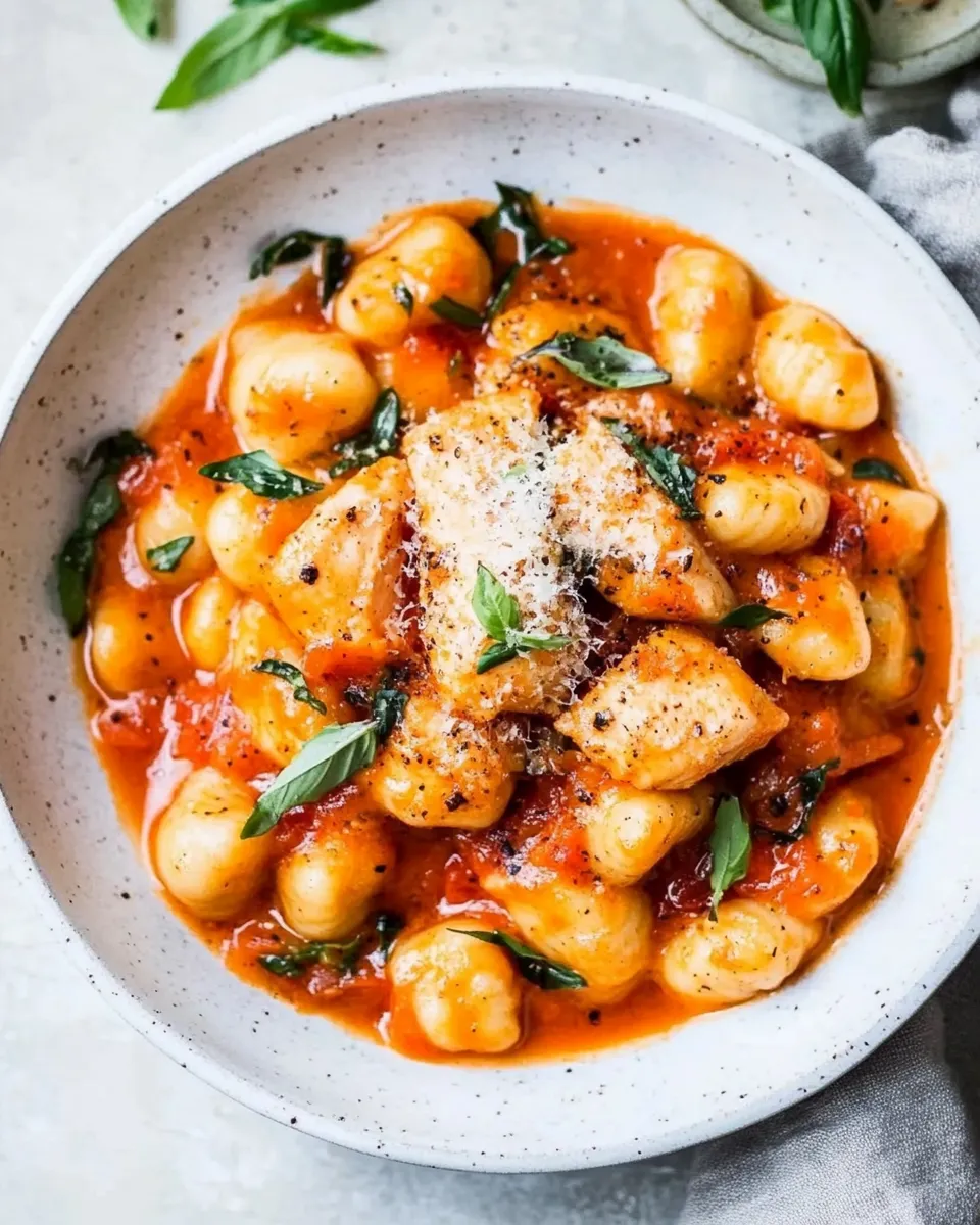 Delicious Gnocchi with Grilled Chicken in Roasted Red Pepper Sauce shot