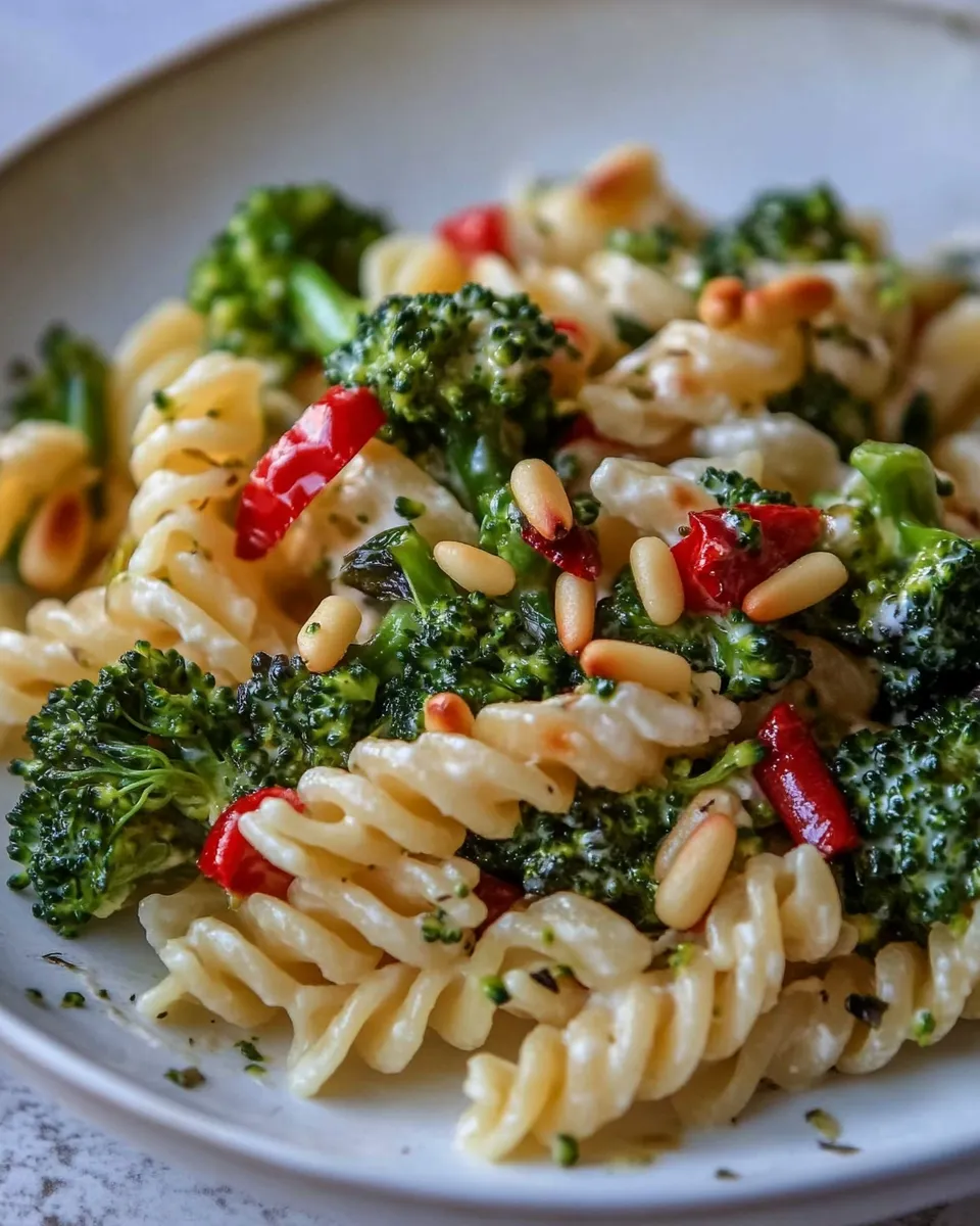 Healthy Goat Cheese Pasta, Broccoli, and Pine Nuts shot