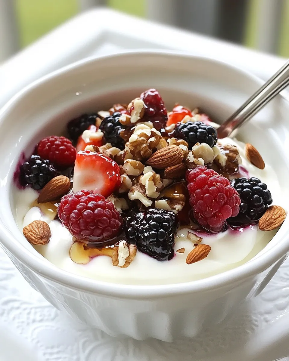 Delicious Greek Yogurt with Berries, Nuts and Honey dish photo