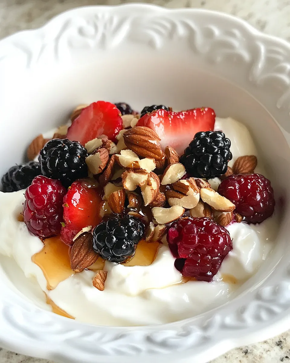 Healthy Greek Yogurt with Berries, Nuts and Honey food shot