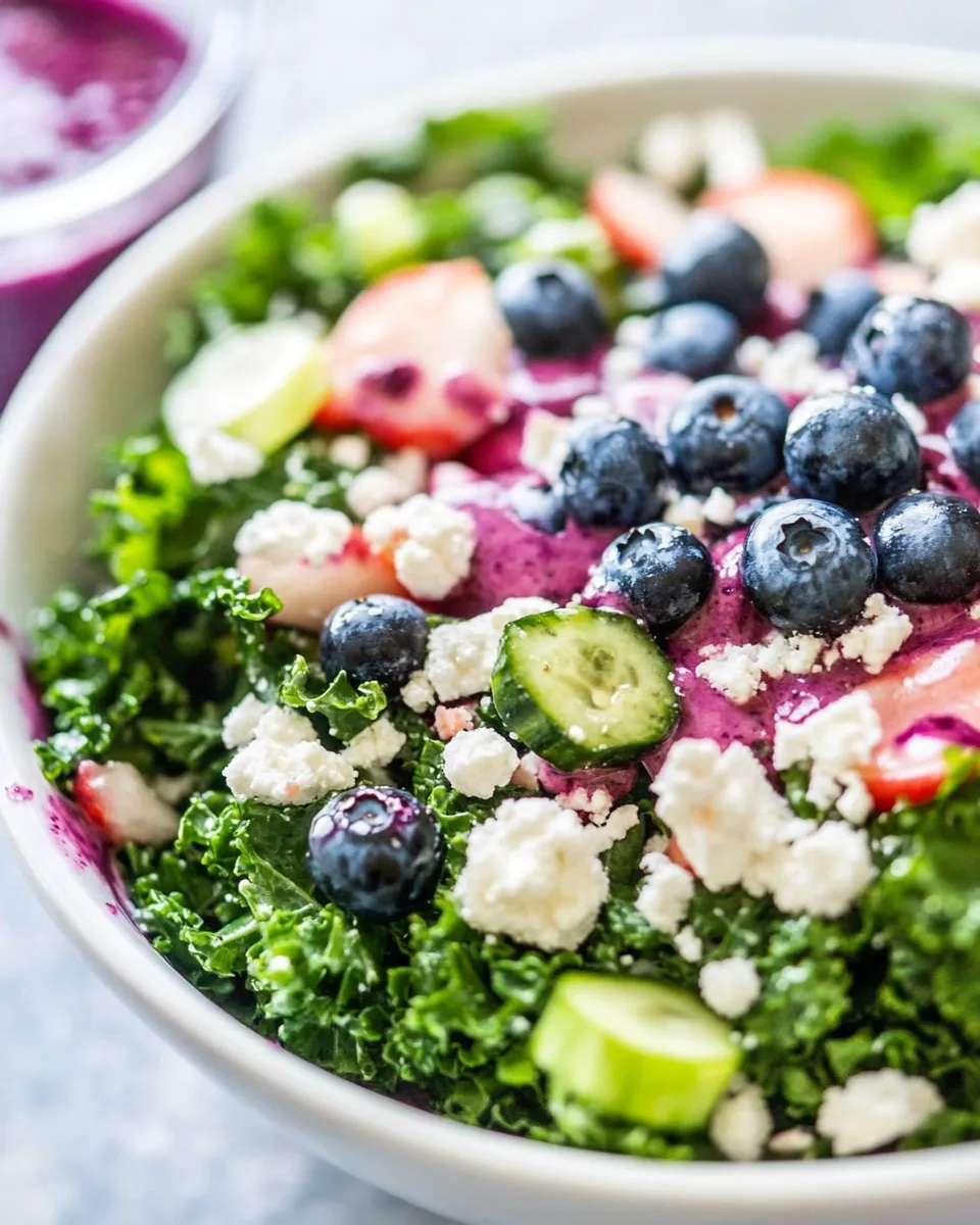 Fresh Kale Salad with Blueberry Vinaigrette shot