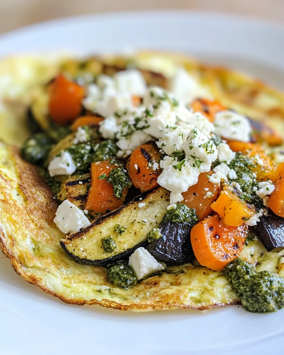 Homemade Leftover Grilled Vegetable Omelette with Pesto Sauce and Feta Cheese photo