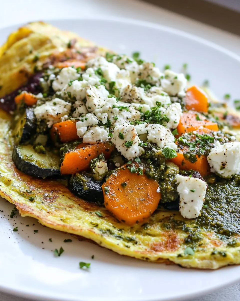 Classic Leftover Grilled Vegetable Omelette with Pesto Sauce and Feta Cheese image