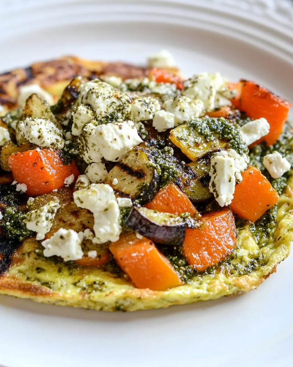 Easy Leftover Grilled Vegetable Omelette with Pesto Sauce and Feta Cheese recipe photo