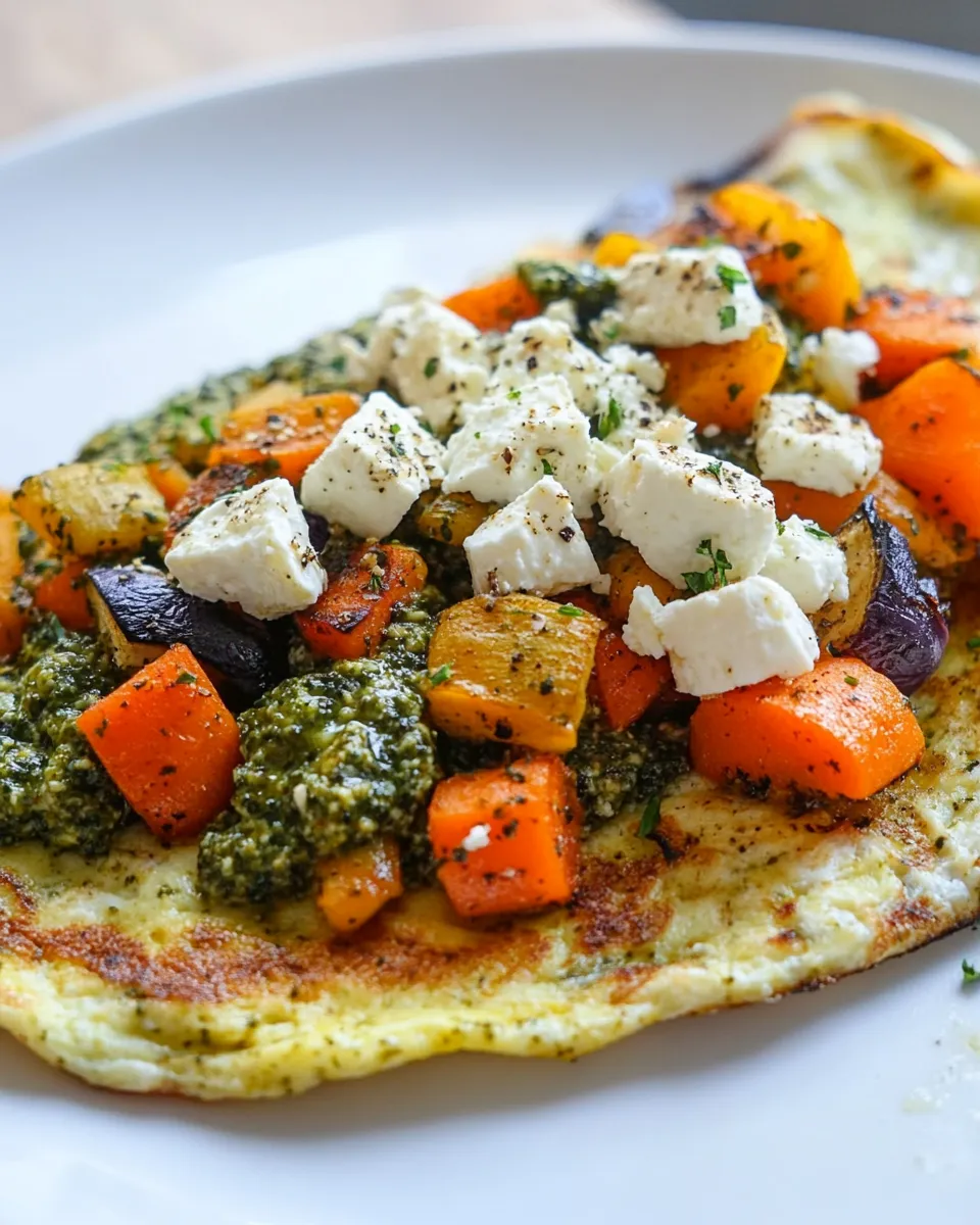 Delicious Leftover Grilled Vegetable Omelette with Pesto Sauce and Feta Cheese shot