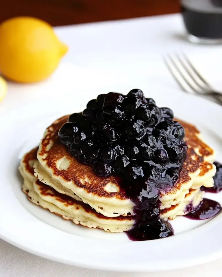 Homemade Lemon Ricotta Pancakes with Blueberry Sauce photo