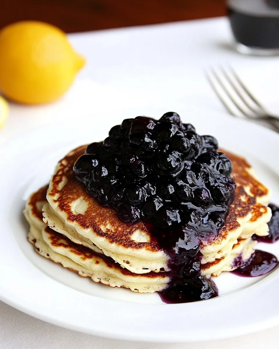 Homemade Lemon Ricotta Pancakes with Blueberry Sauce photo