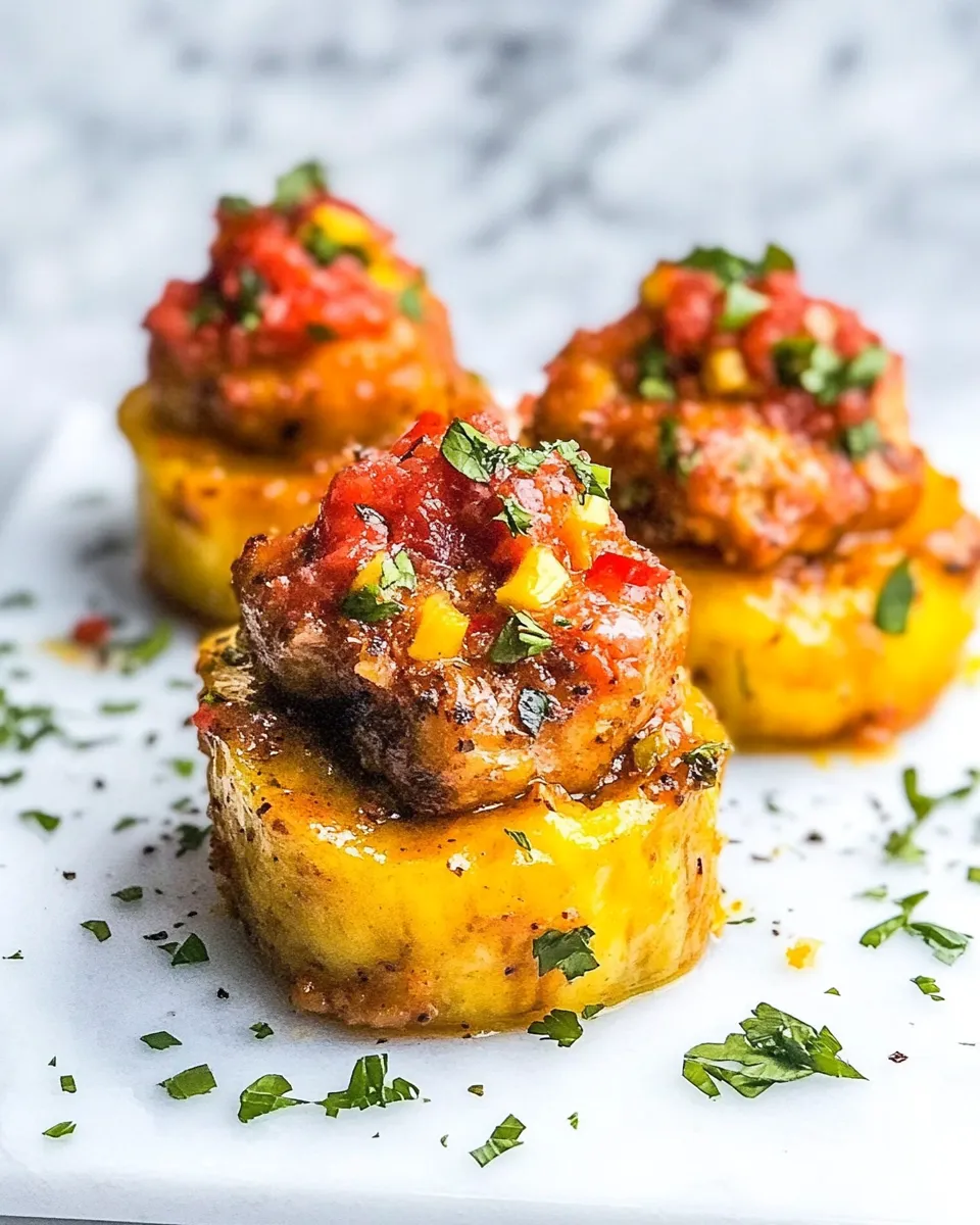 Delicious Mofonguitos Maduros (Ripe Plantain Cups w. Spicy Chicken) shot