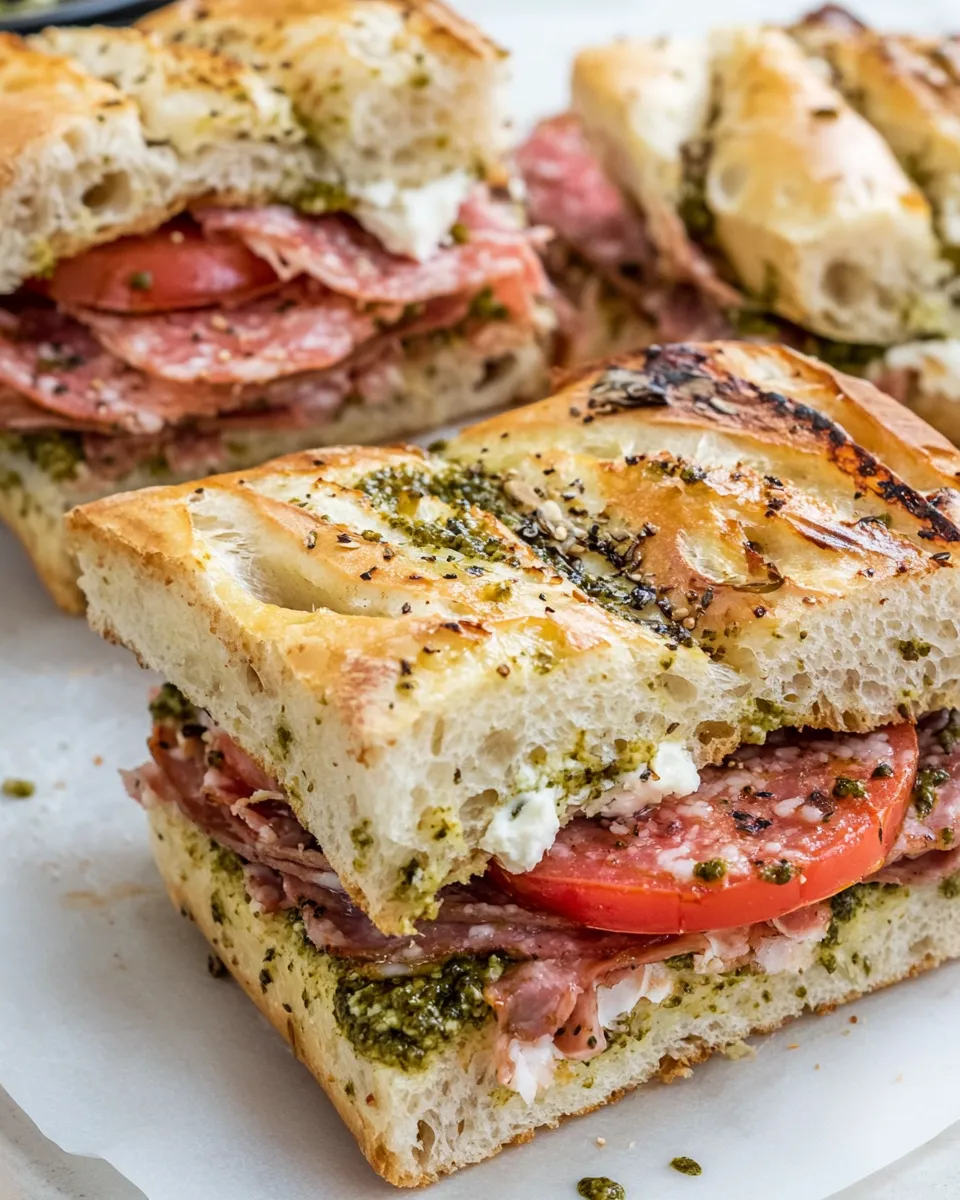 Homemade Mortadella, Burrata and Pesto Focaccia Sandwich photo