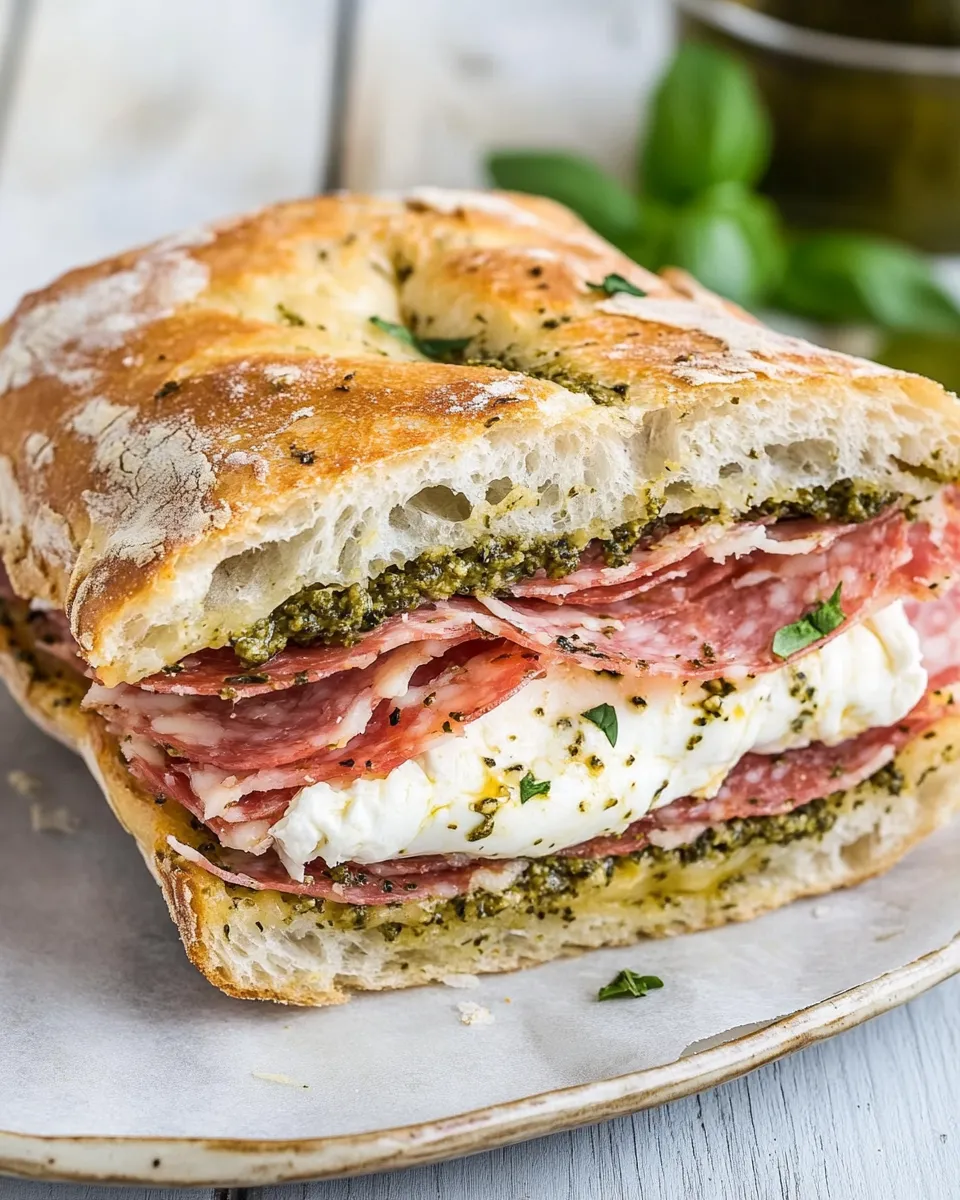 Easy Mortadella, Burrata and Pesto Focaccia Sandwich shot
