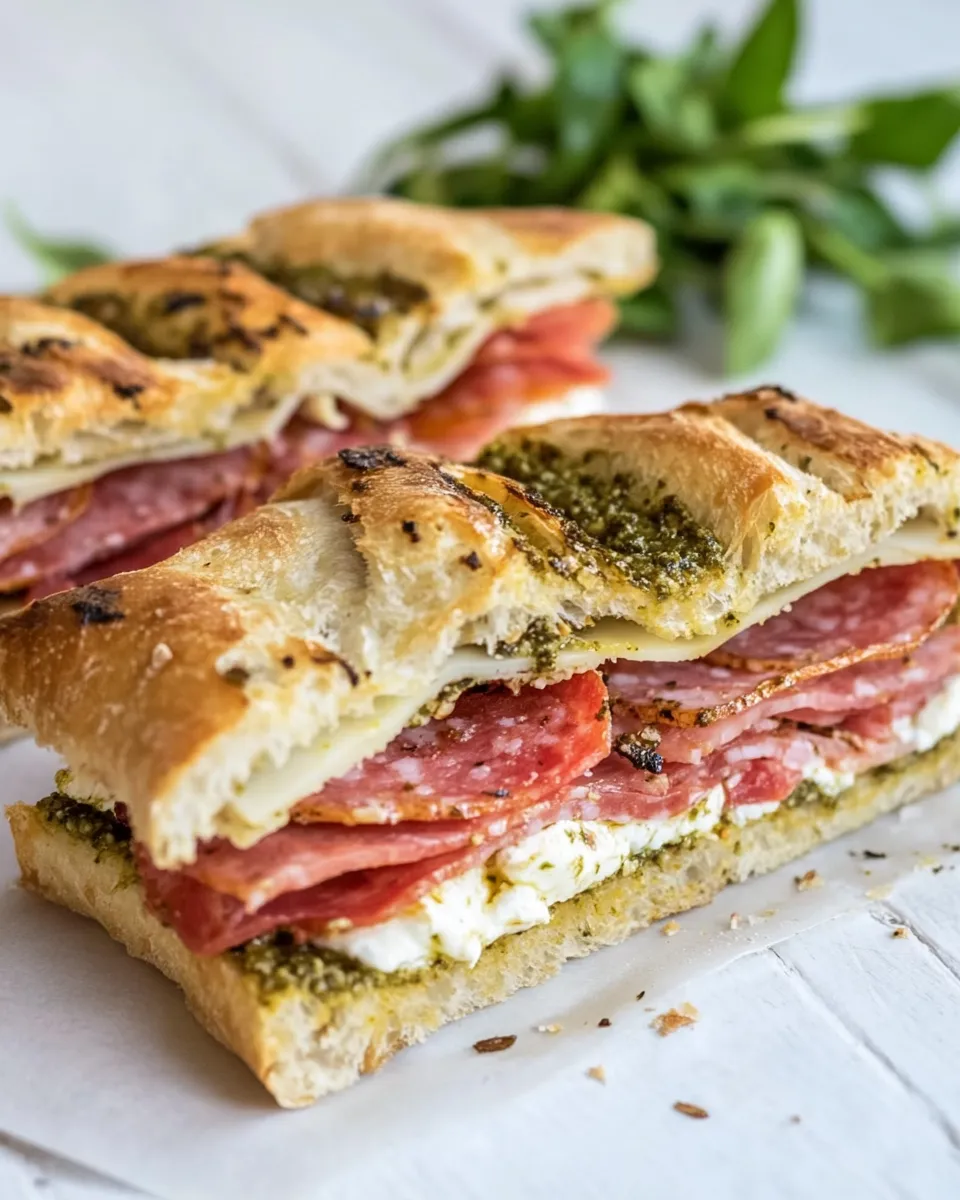 Delicious Mortadella, Burrata and Pesto Focaccia Sandwich recipe photo