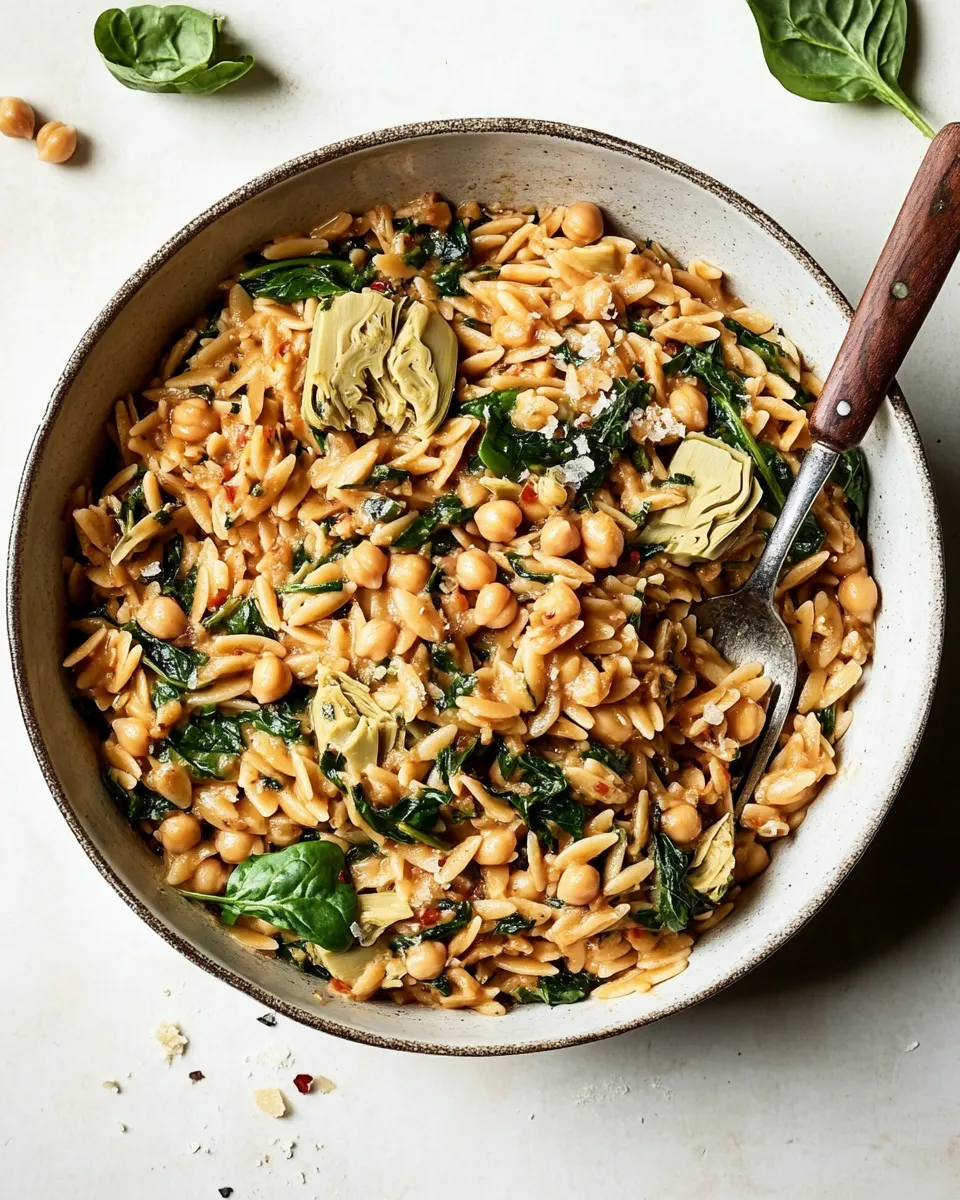 Easy One-Pot Spinach Artichoke Orzo with Chickpeas (Vegan) photo