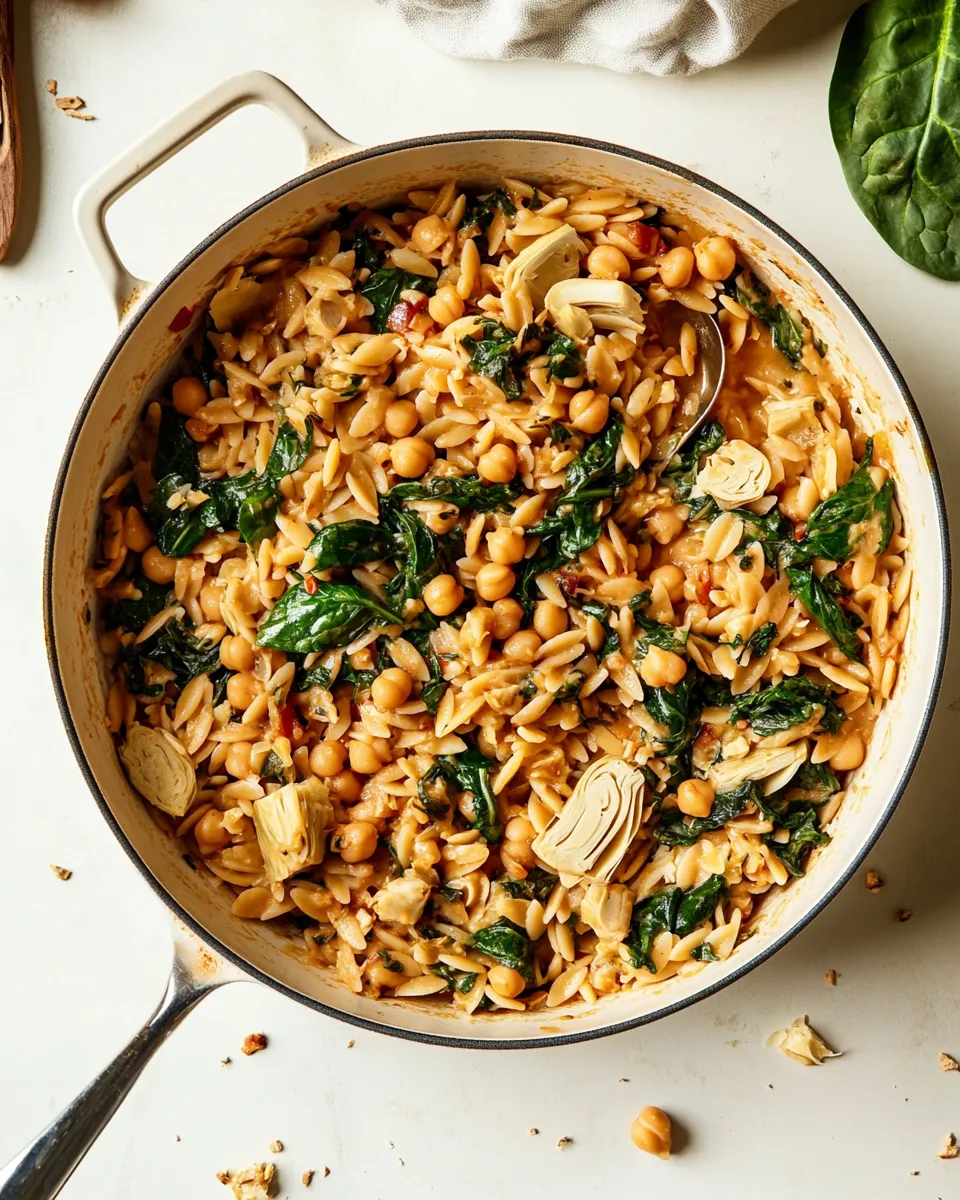 Delicious One-Pot Spinach Artichoke Orzo with Chickpeas (Vegan) image