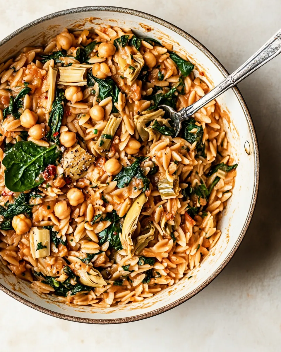 Quick One-Pot Spinach Artichoke Orzo with Chickpeas (Vegan) recipe photo