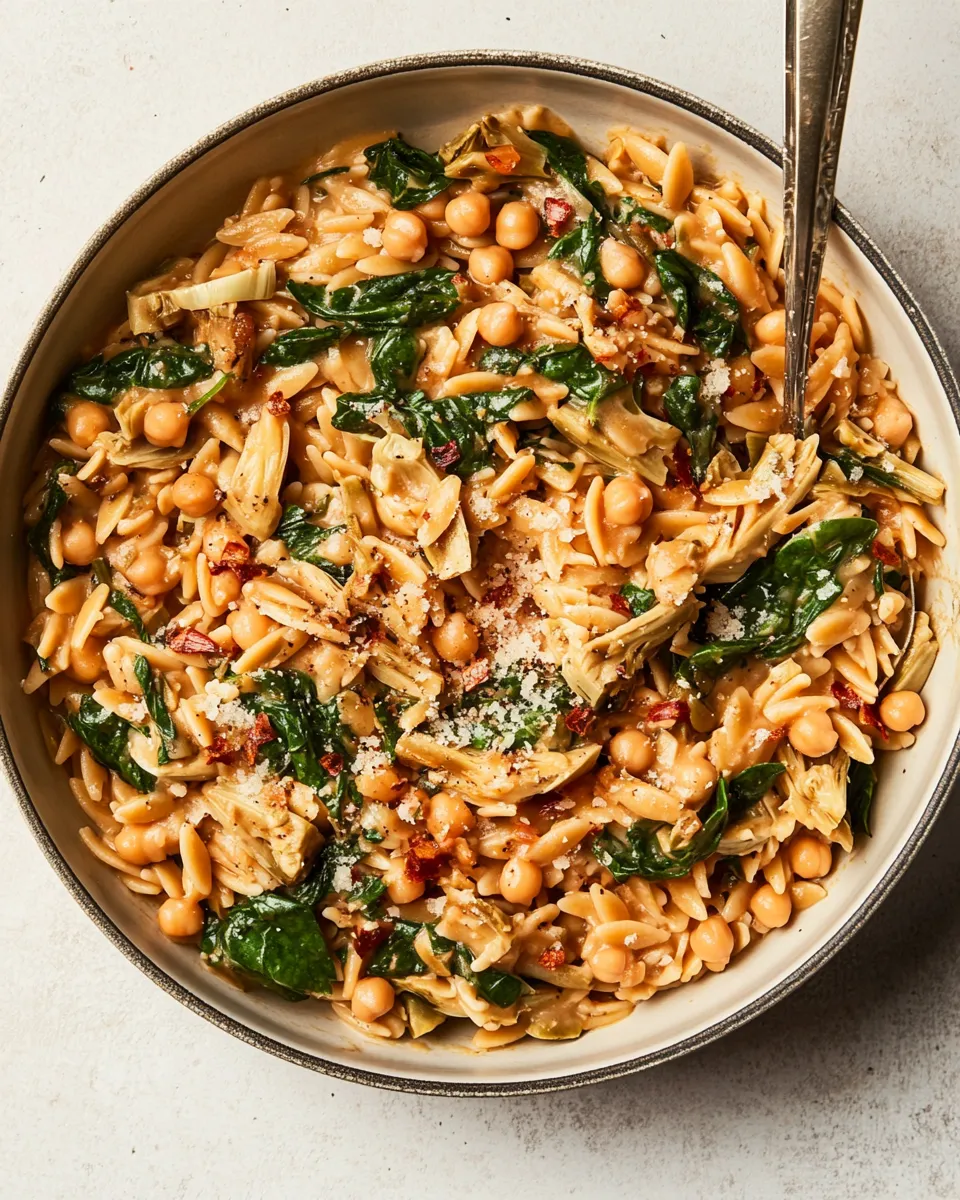 Savory One-Pot Spinach Artichoke Orzo with Chickpeas (Vegan) shot