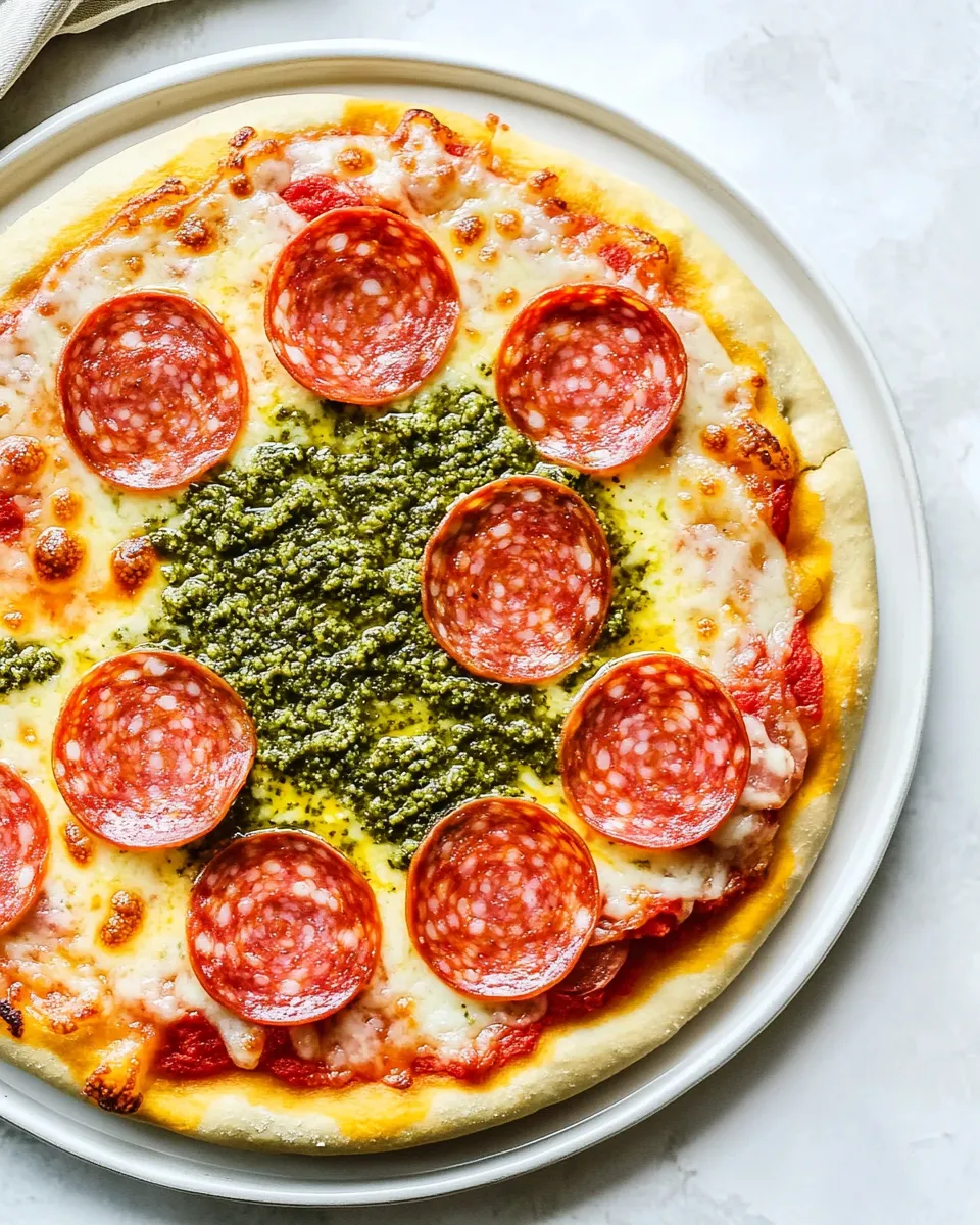 Homemade Pesto and Salami Pizza Recipe photo