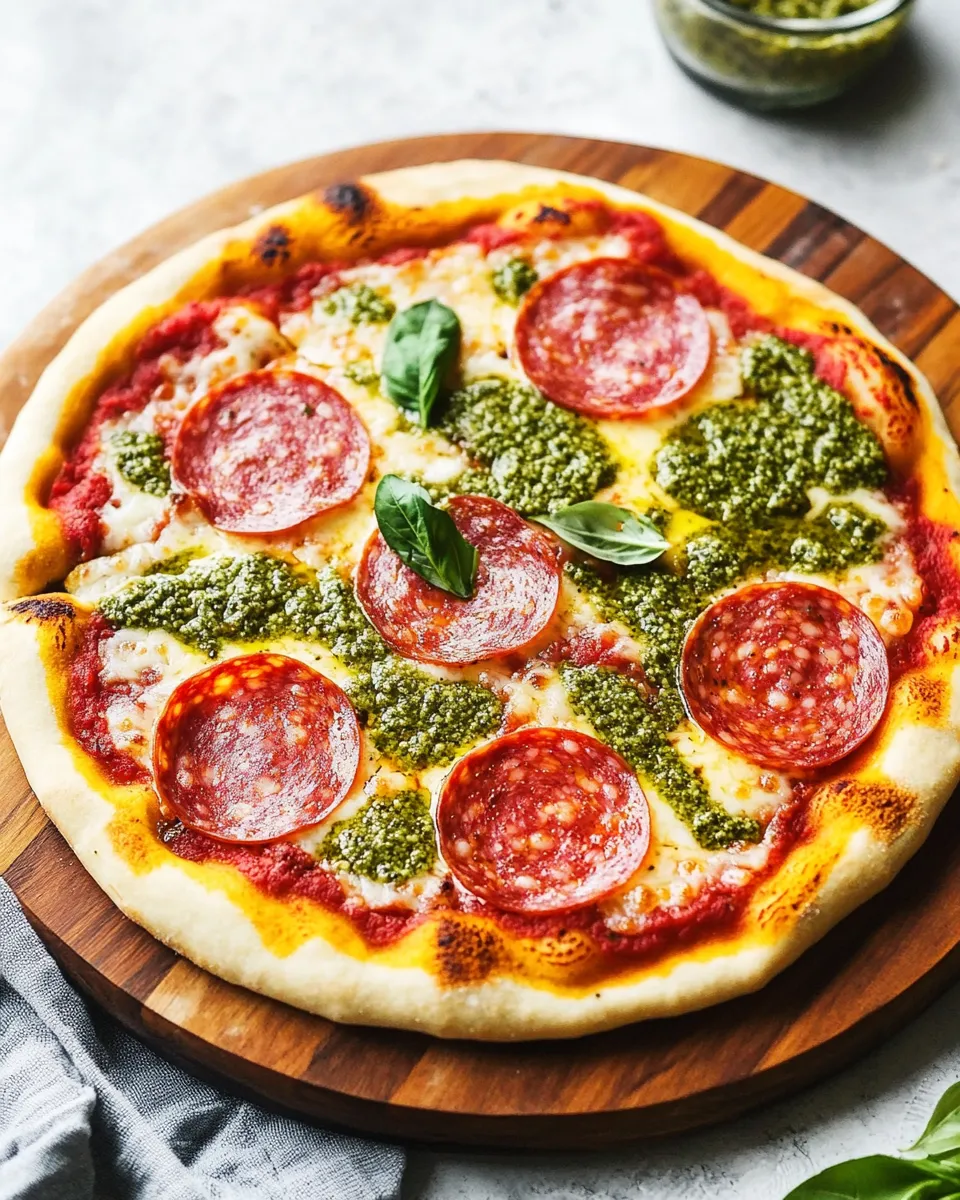 Delicious Pesto and Salami Pizza Recipe image