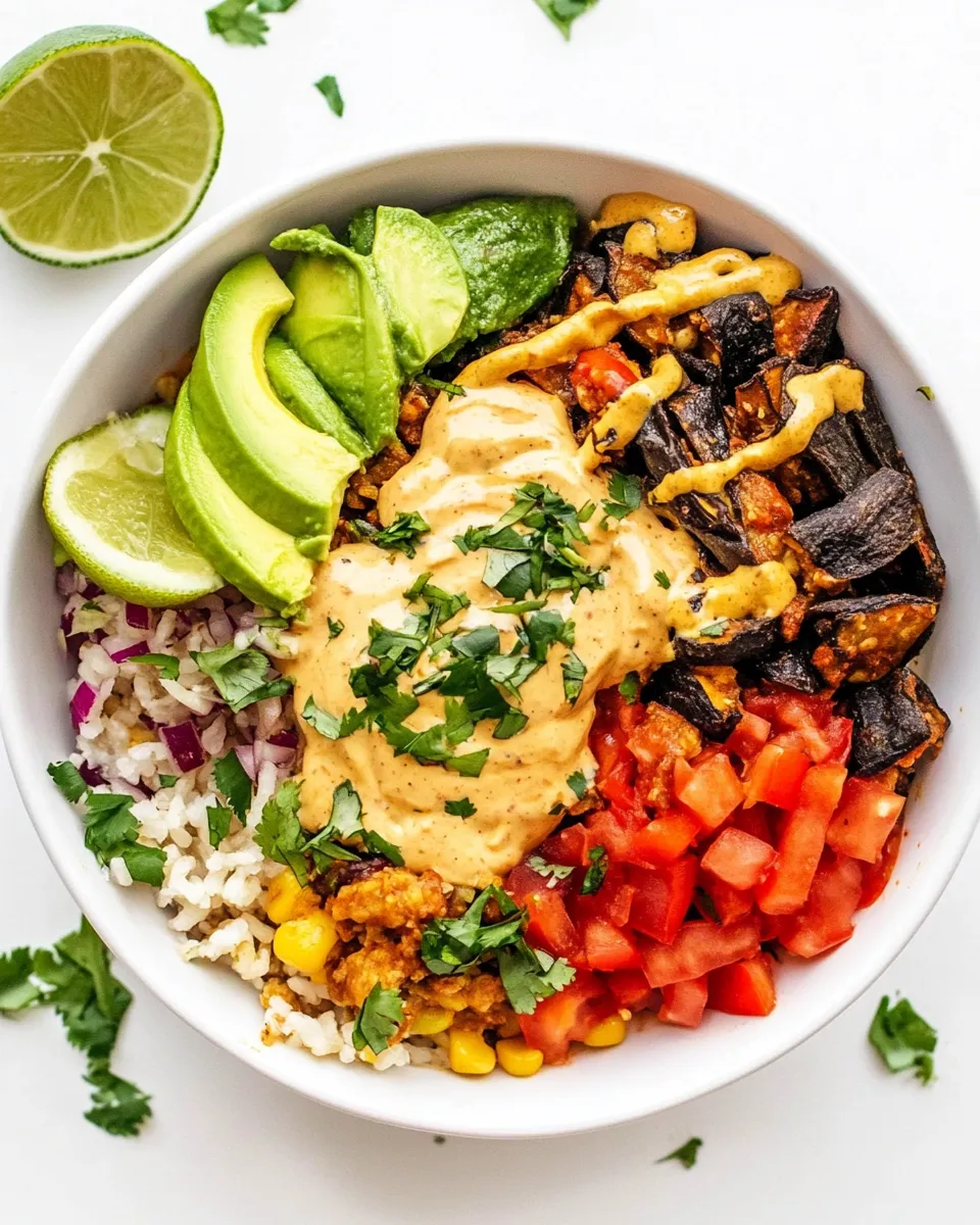 Healthy Roasted Veggie Burrito Bowls with Vegan Queso recipe photo