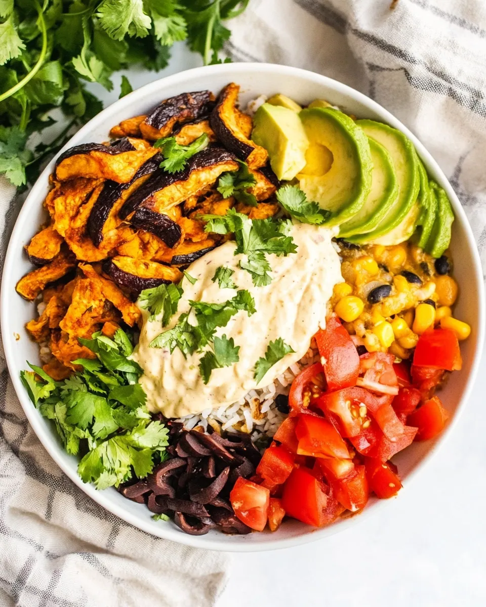 Tasty Roasted Veggie Burrito Bowls with Vegan Queso shot