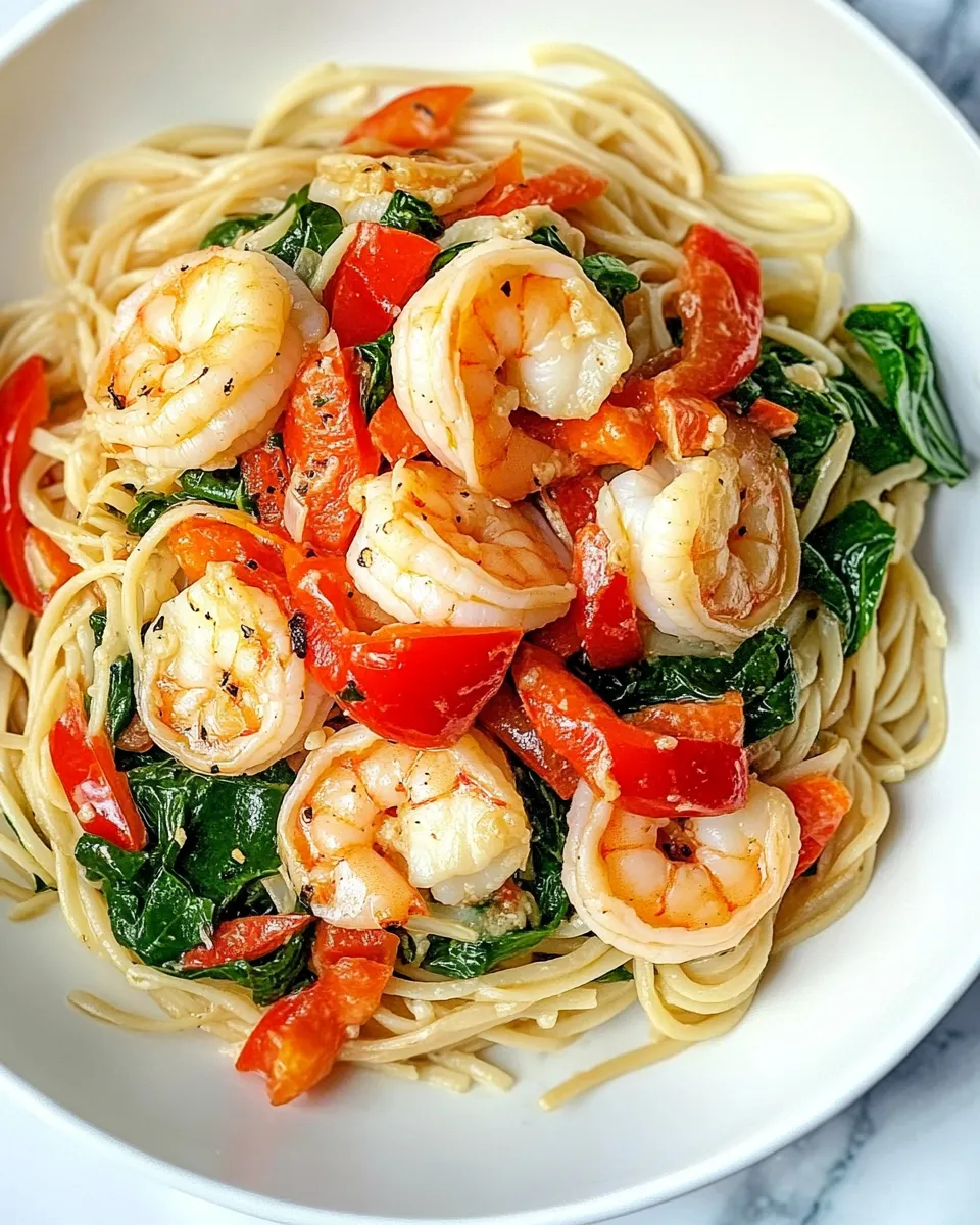 Delicious Shrimp Scampi with Peppers and Spinach shot