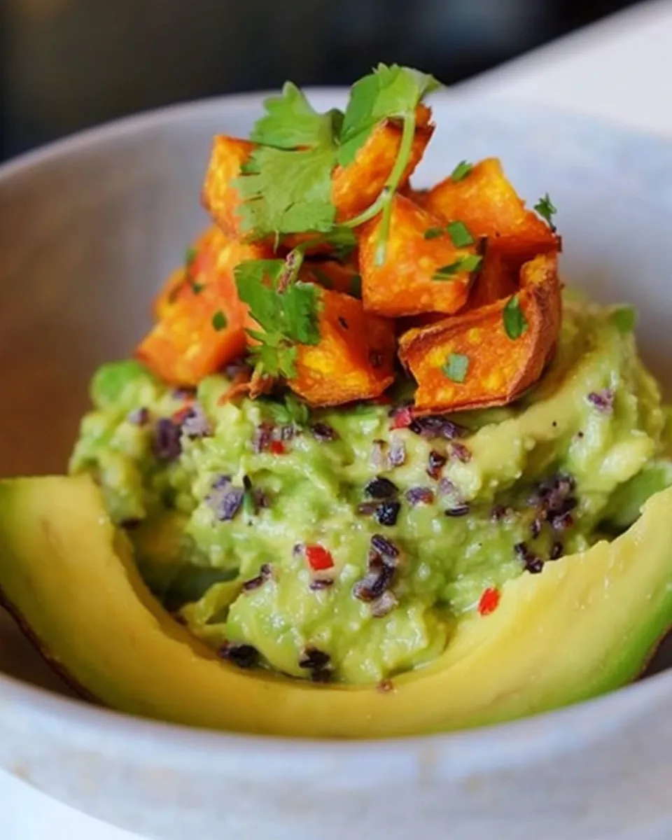Healthy Smashed Avocados with Sweet Potato Chips recipe photo