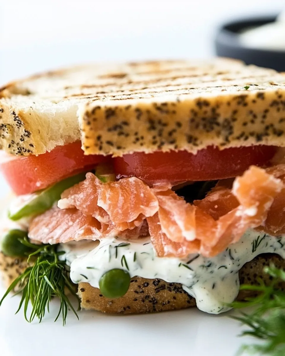 Homemade Smoked Salmon Panini Sandwich with Lemon Dill Mayonnaise photo