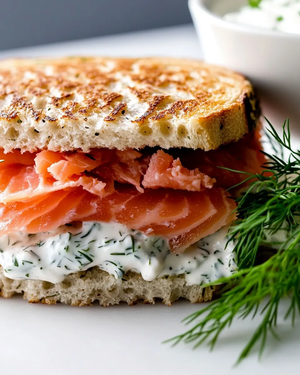 Delicious Smoked Salmon Panini Sandwich with Lemon Dill Mayonnaise shot