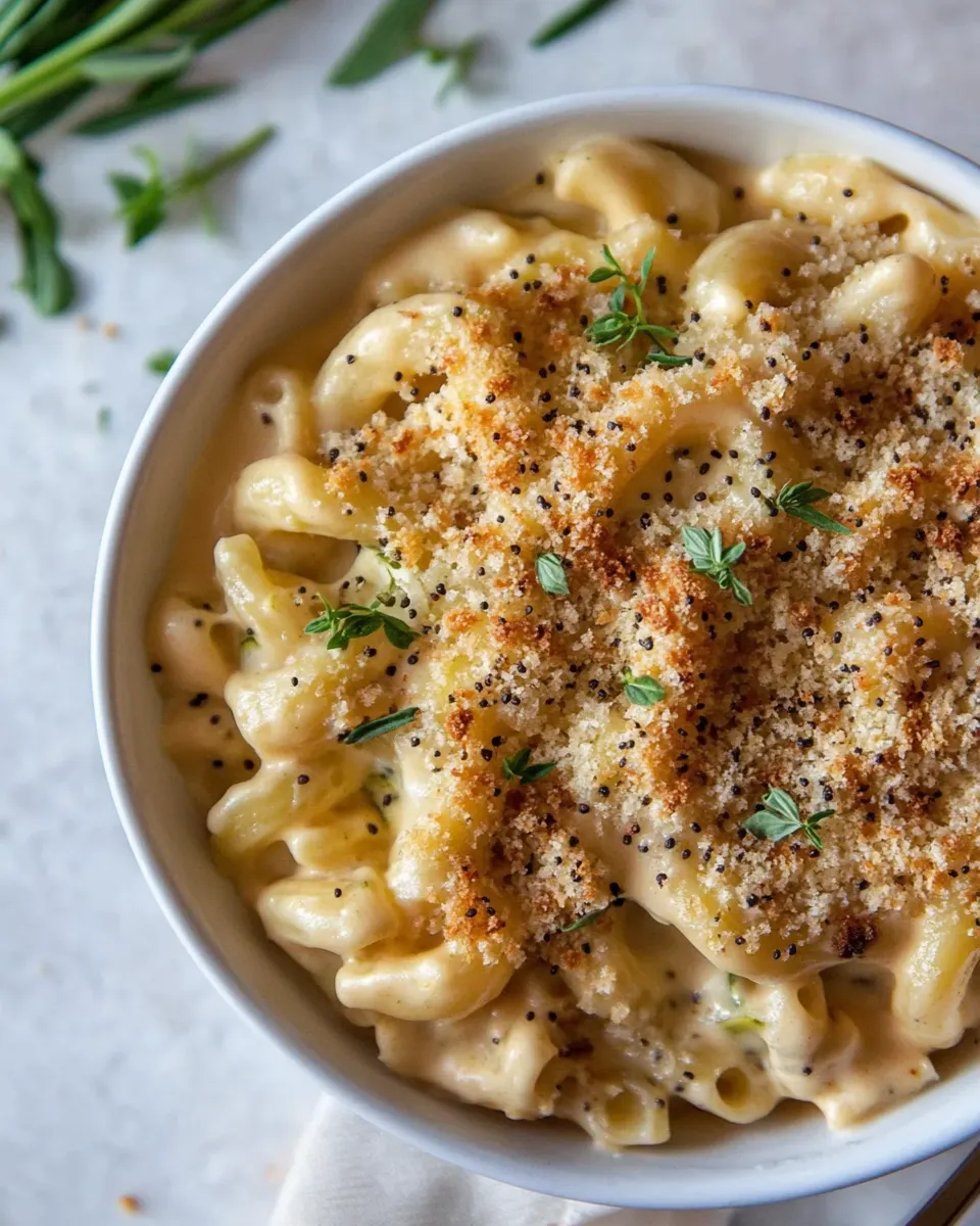Healthy Sneaky Zucchini Mac and Cheese with Everything Bagel Chip Crumbs. shot