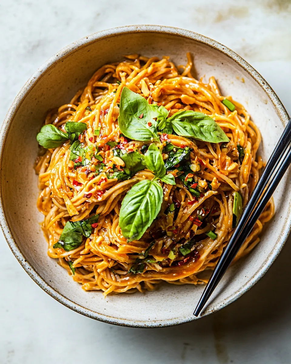 Tasty Spicy Peanut Noodles with Chili Garlic Oil. food shot